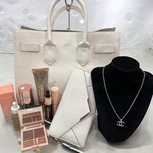 Aldo White Tote with White Clutch, Cosmetics & Silver Necklace